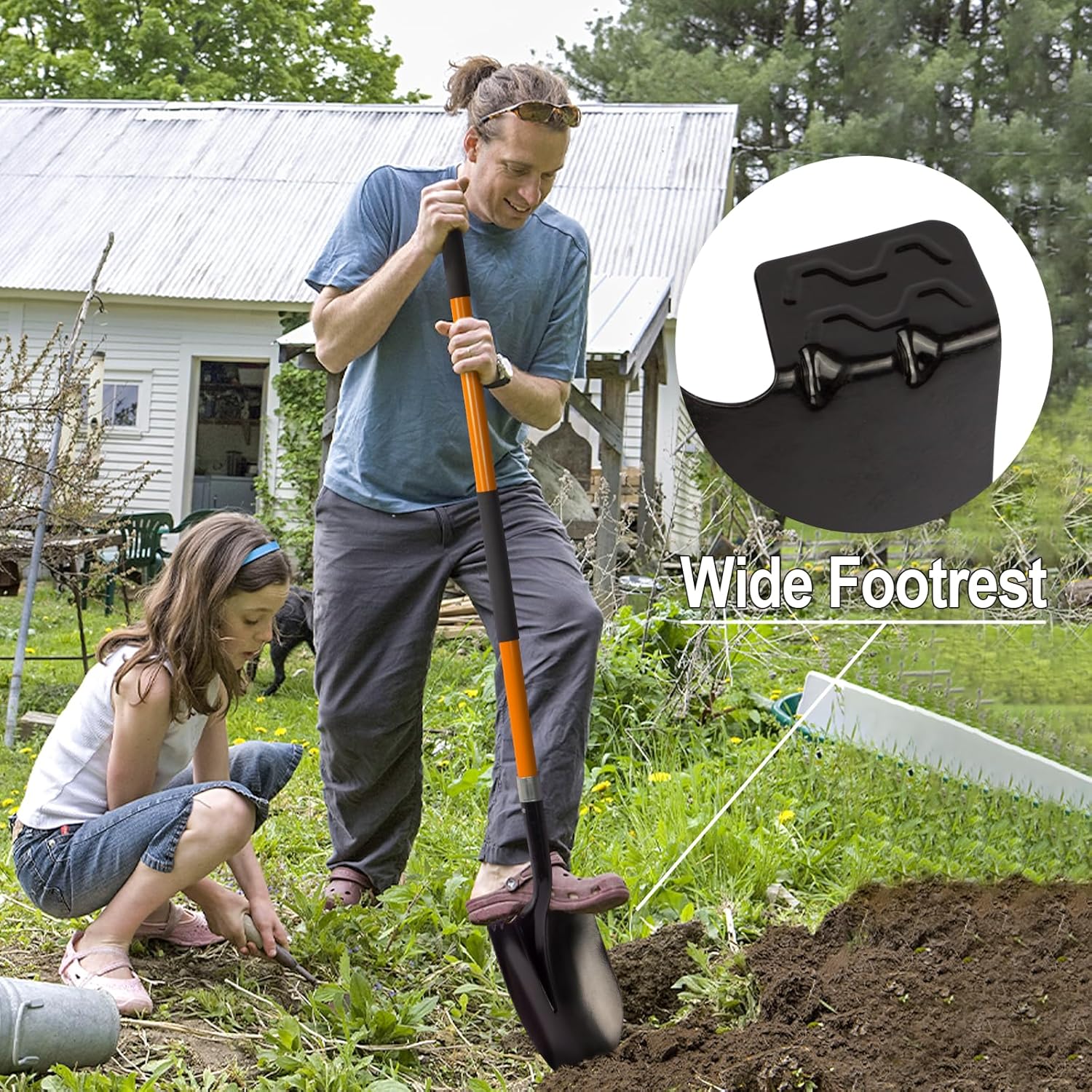 Heavy Duty Gardening Shovel, 56 Inch Round Blade with Fiberglass Handle (Orange)